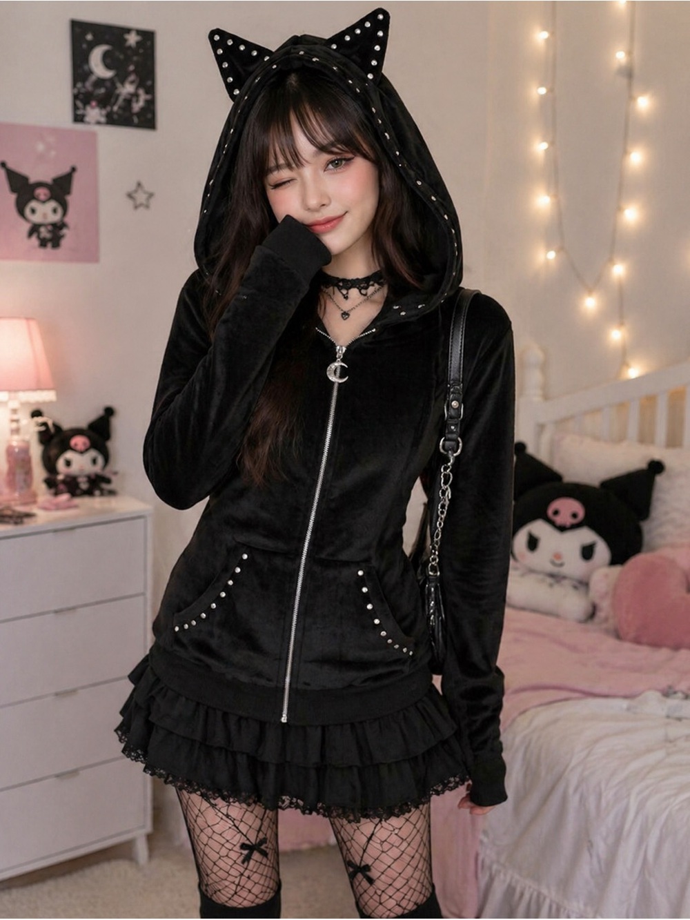 Black Velvet Cat-Ear Zip Hoodie Jacket women’s size M
